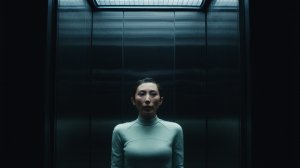 A woman in a dimly-lit elevator; Dichen Lachman in 'Severance'