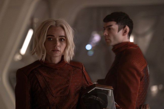 L to R Jess Bush as Chapel and Ethan Peck as Spock in season 3 , Episode 1 of Strange New Worlds streaming on Paramount+. Photo Credit: Marni GrossmanParamount+