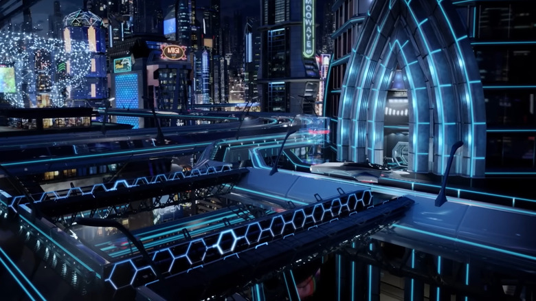 A neon cyberpunk cityscape in Malkovich's movie