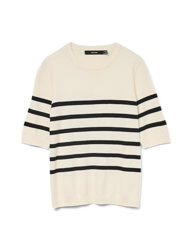 Vero Moda Women's Vmsaba Plain Ss O-Neck Pullover Ga Noos Sweater, Birch/stripes: W Black, M