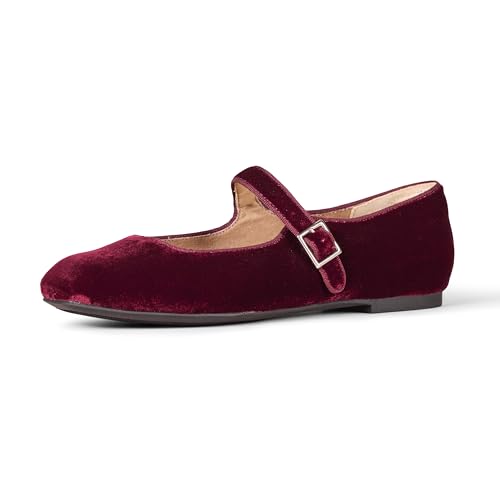 Amazon Essentials Women's Mary Jane Ballet Flats, Burgundy Velvet, 5.5 Uk