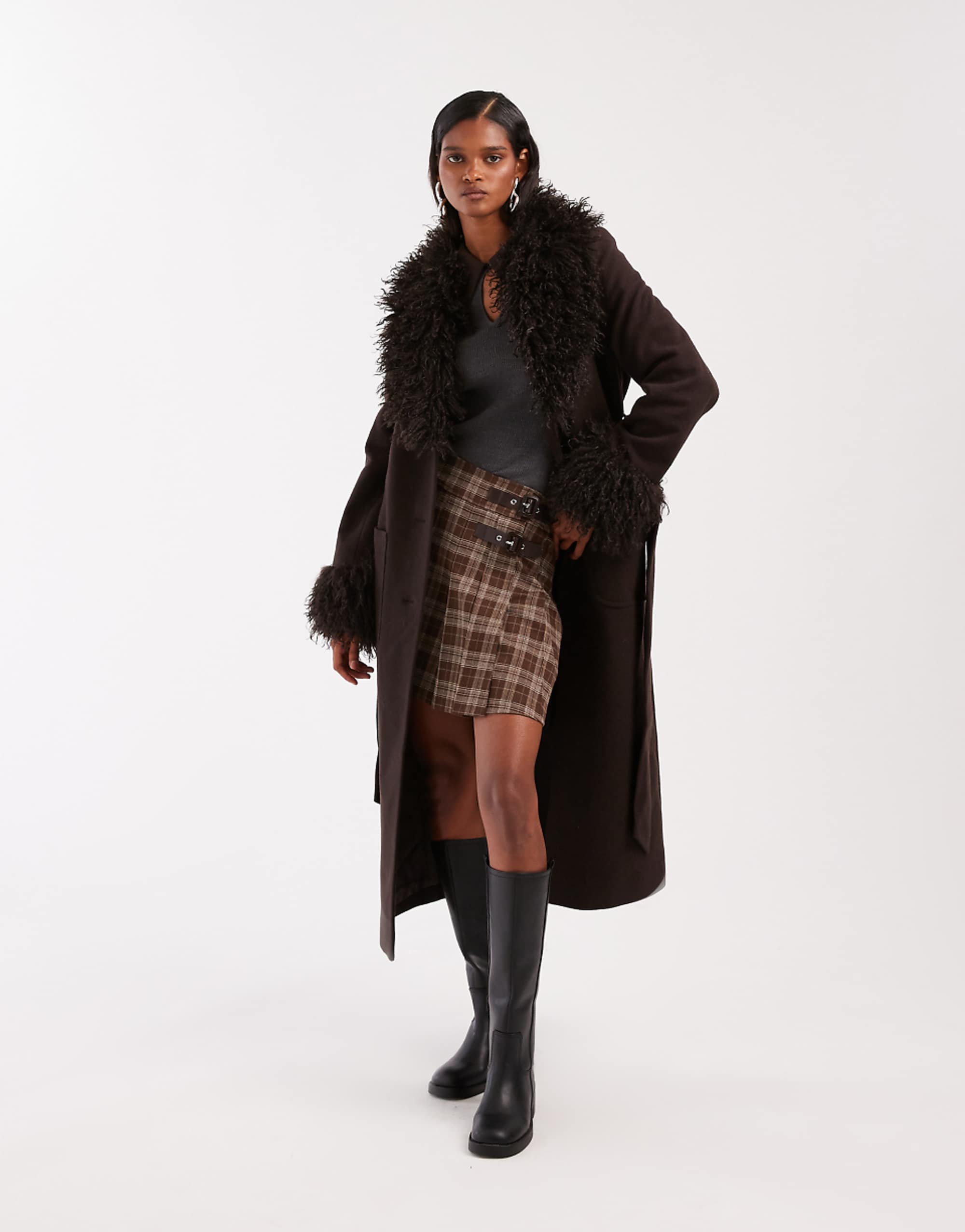 &amp; Other Stories Wool Belted Midaxi Coat in Brown With Faux Fur Trim