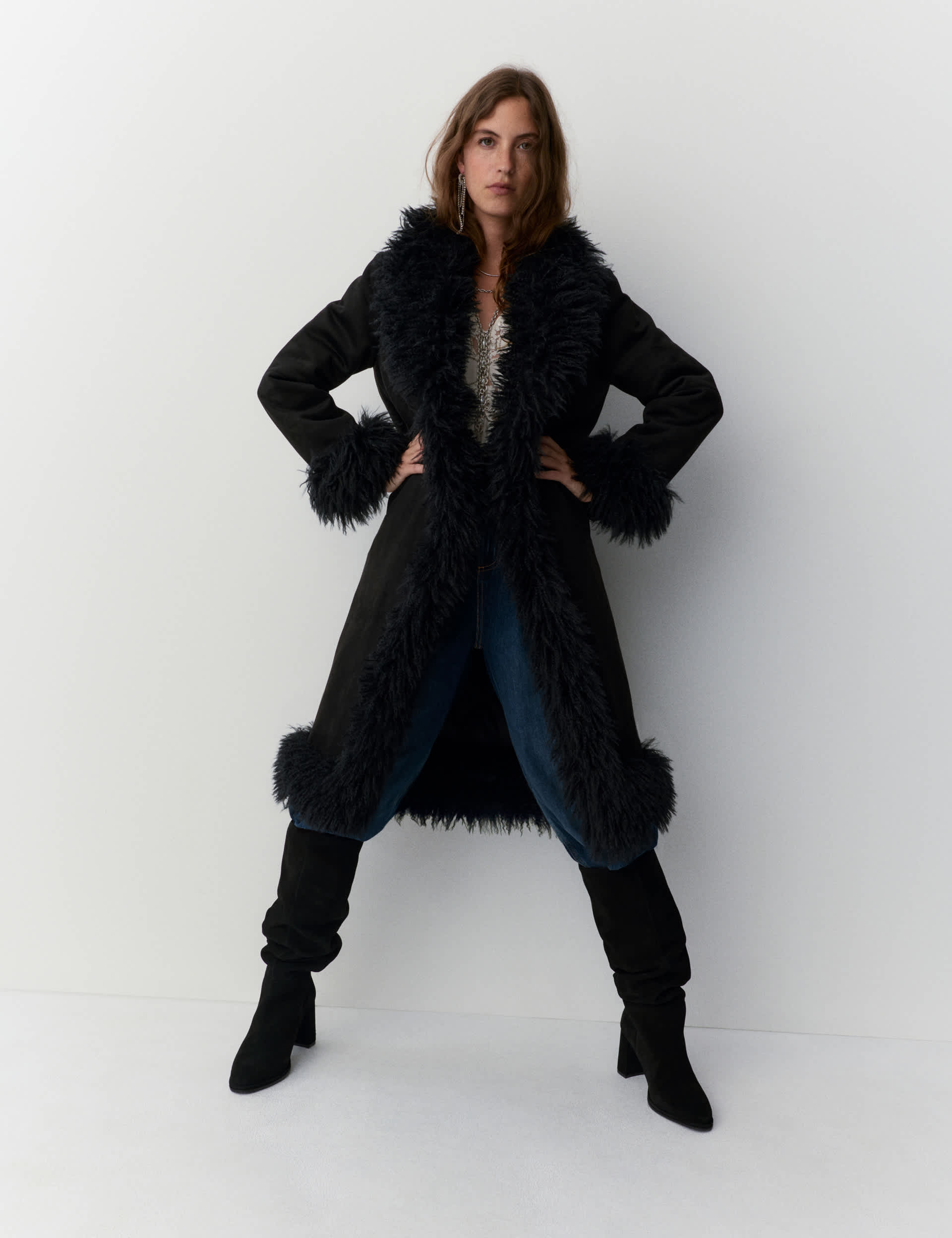 Faux Fur Trim Longline Coat