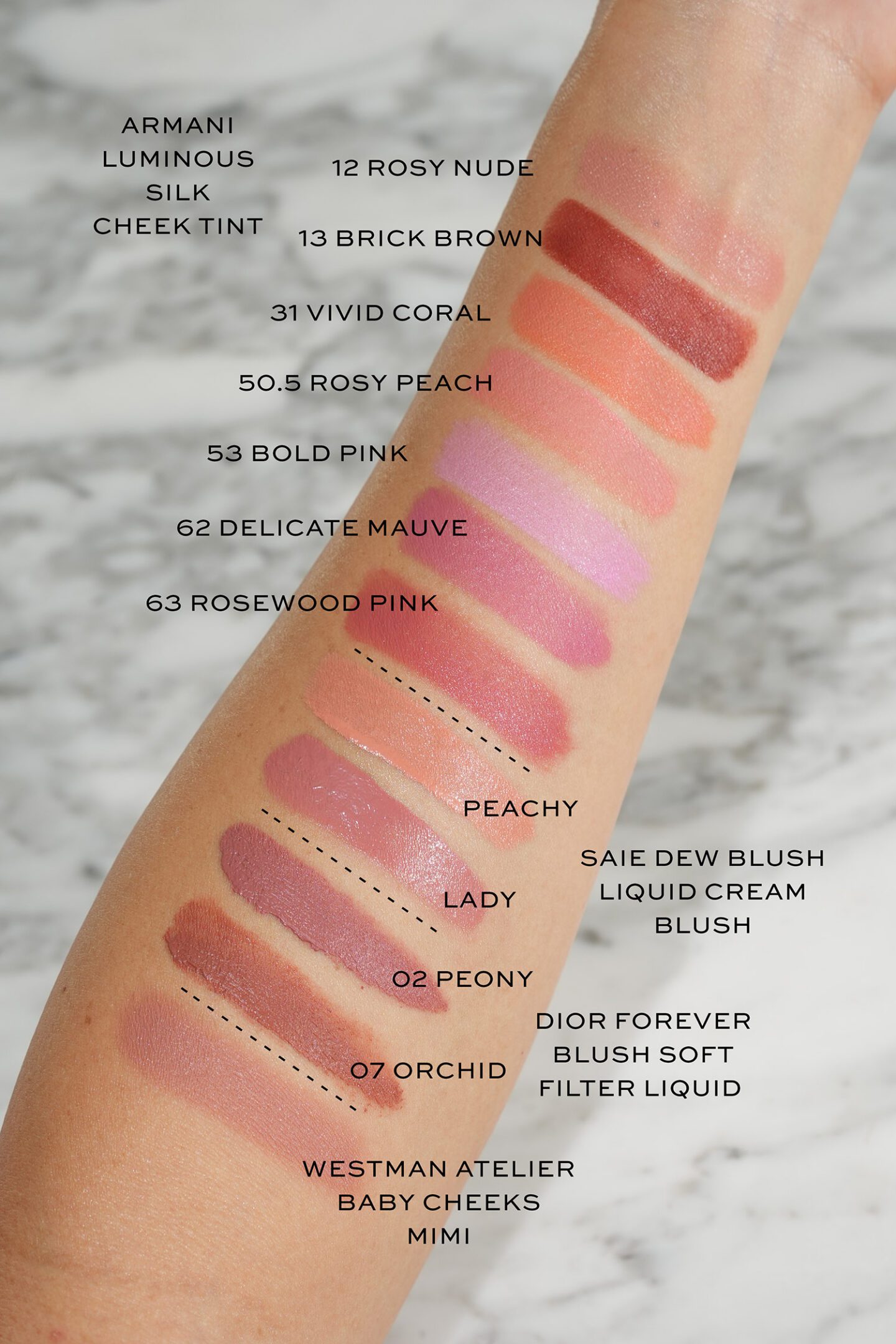 liquid blush swatch comparisons Armani, Dior, Saie