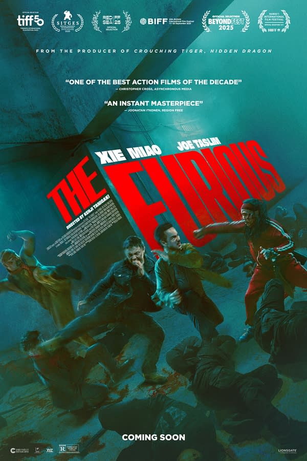 A dynamic movie poster for 'The Furious' featuring action-packed scenes with characters engaged in combat, highlighted by bold red lettering for the title. The design includes promotional quotes praising the film, indicating its acclaim in the action genre.