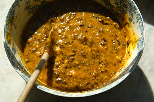 Pumpkin bread batter mixed in a bowl