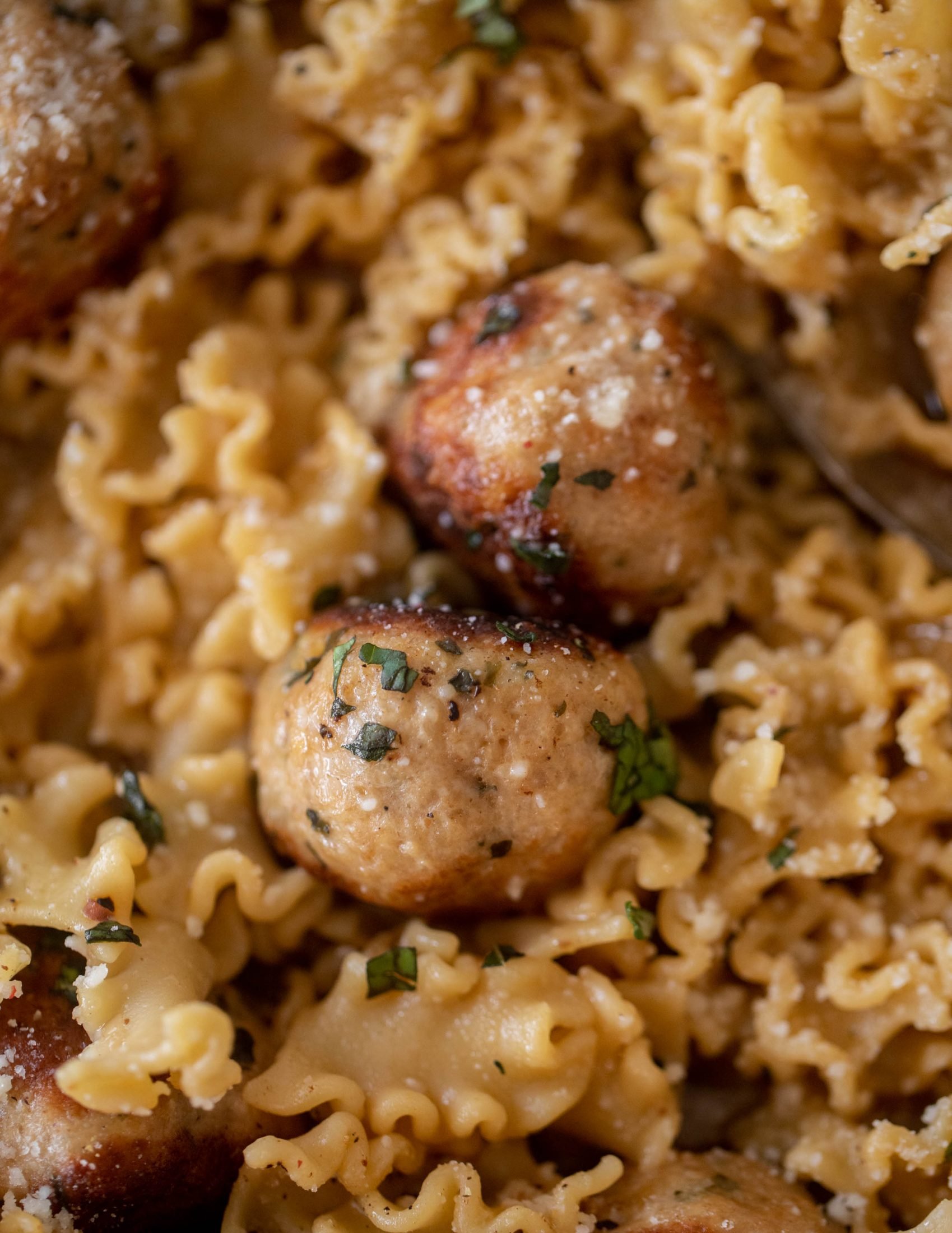 garlic butter chicken meatballs and noodles
