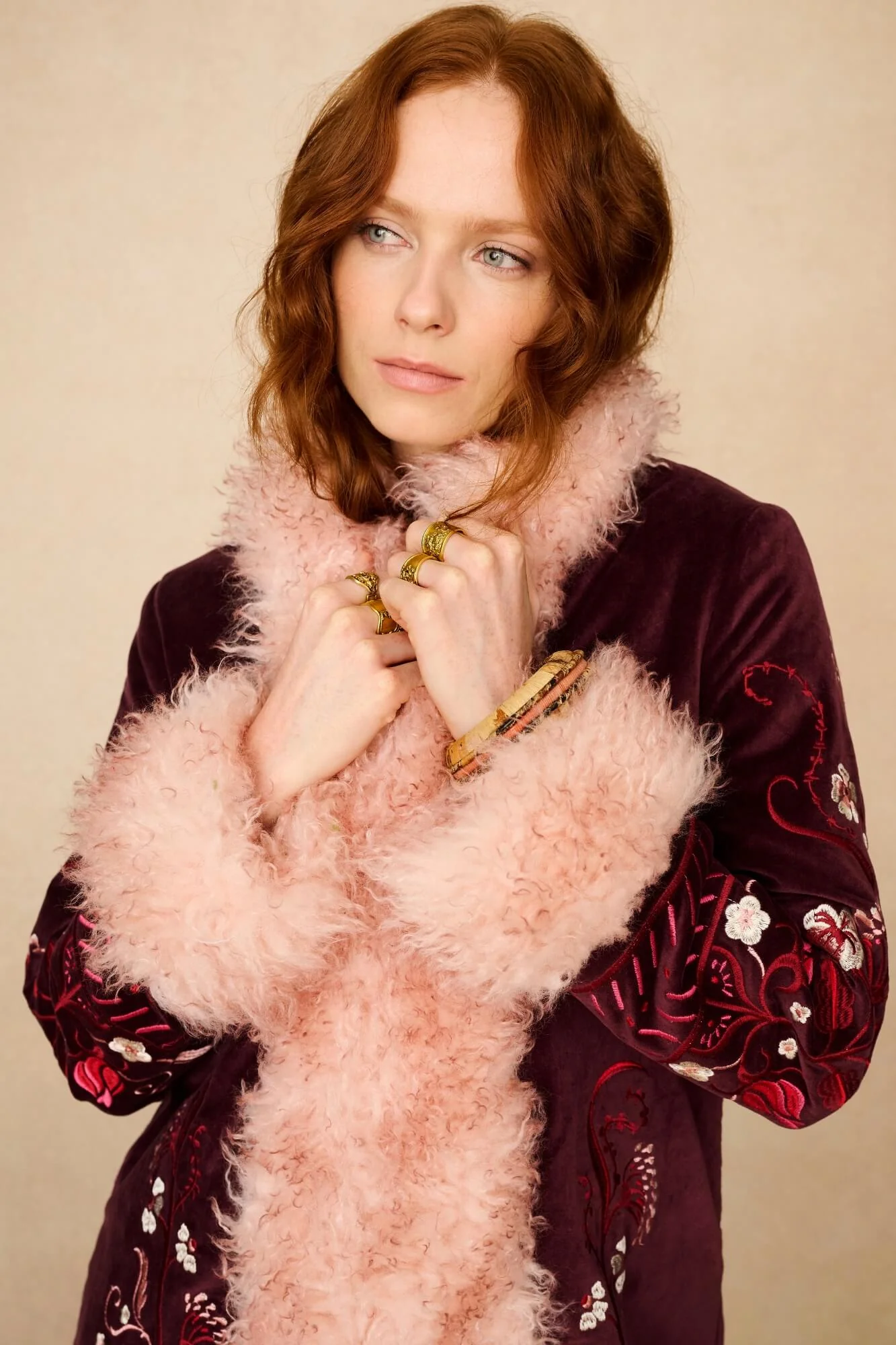 Rosewood Burgundy Embroidered Velvet Penny Lane Coat - Uk6