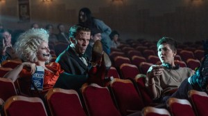 (Left to right): Jessie Buckley, Christian Bale, and director Maggie Gyllenhaa on set for 'The Bride!'
