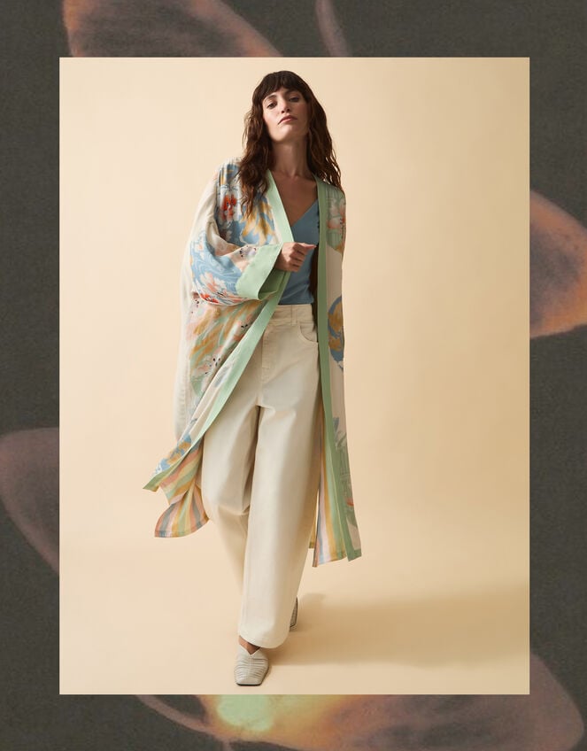 Clemence Amelie Floral Long Kimono Cream