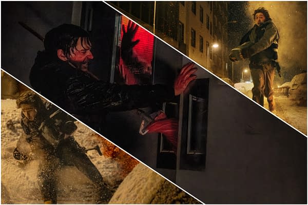 Collage of tense Resident Evil scenes showing characters fighting zombies in dark, snowy streets and a red-lit doorway.
