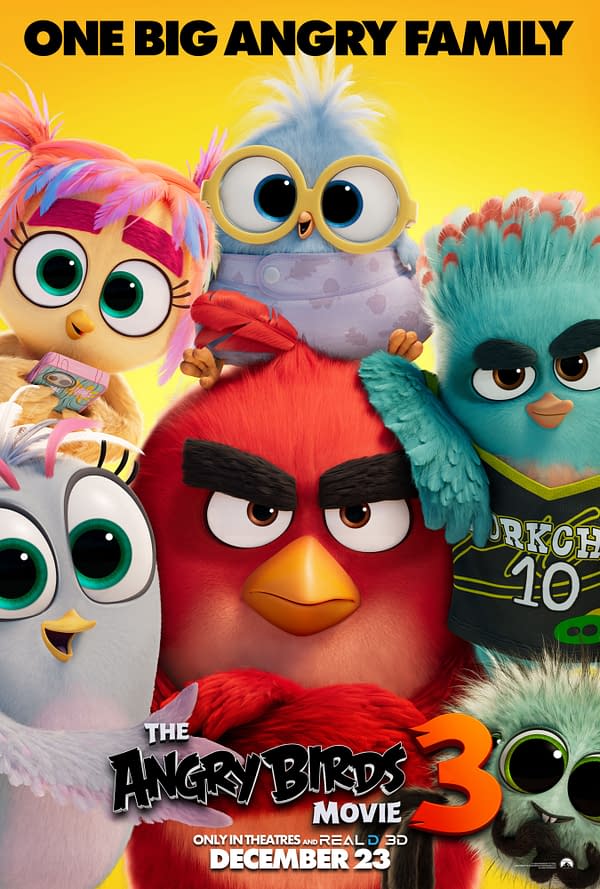 Teaser poster for The Angry Birds Movie 3 showing several animated birds crowded together against a bright yellow background, with Red centered in front and the title and release date at the bottom. The tagline reads 