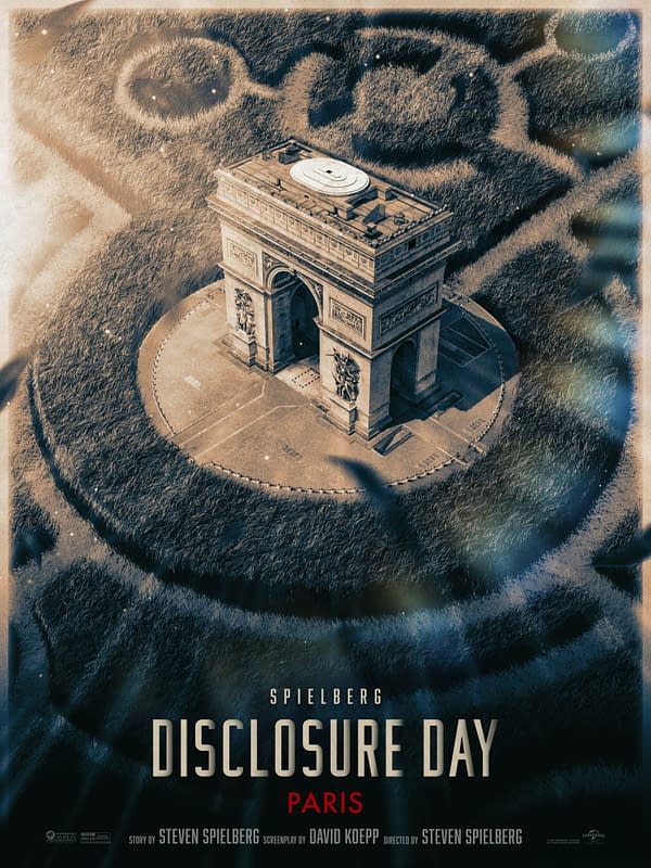 Movie poster for Disclosure Day showing the Arc de Triomphe in Paris surrounded by concentric, dark swirling patterns, with the title text at the bottom.