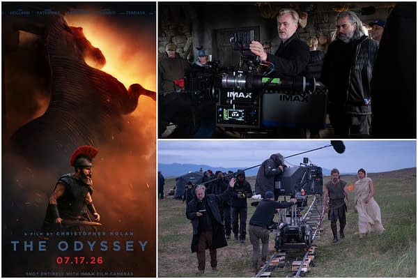 A The Odyssey feature collage shows the movie poster alongside behind-the-scenes shots of Christopher Nolan filming with an IMAX camera and cast on a set.}