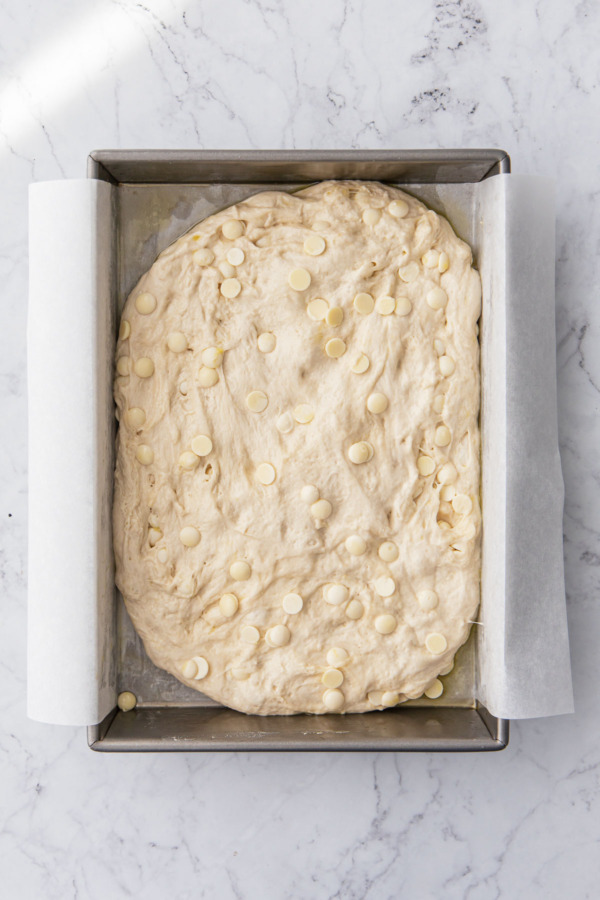 Before the second rise, the dough won't quite extend into the corners of the pan.