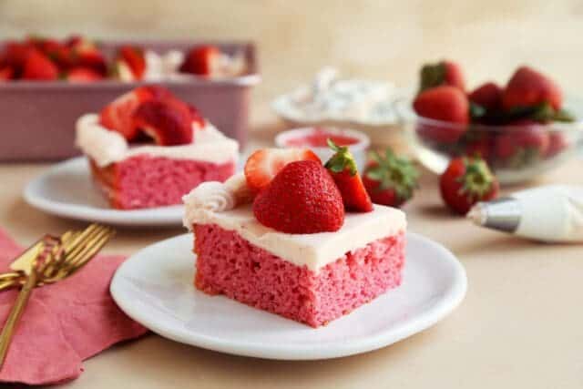 Slice of strawberry sheet cake