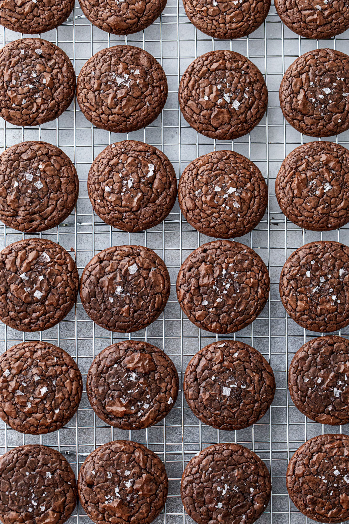 Chewy Crinkle-Top Brownie Cookies arranged in rows on a wire baking rack.