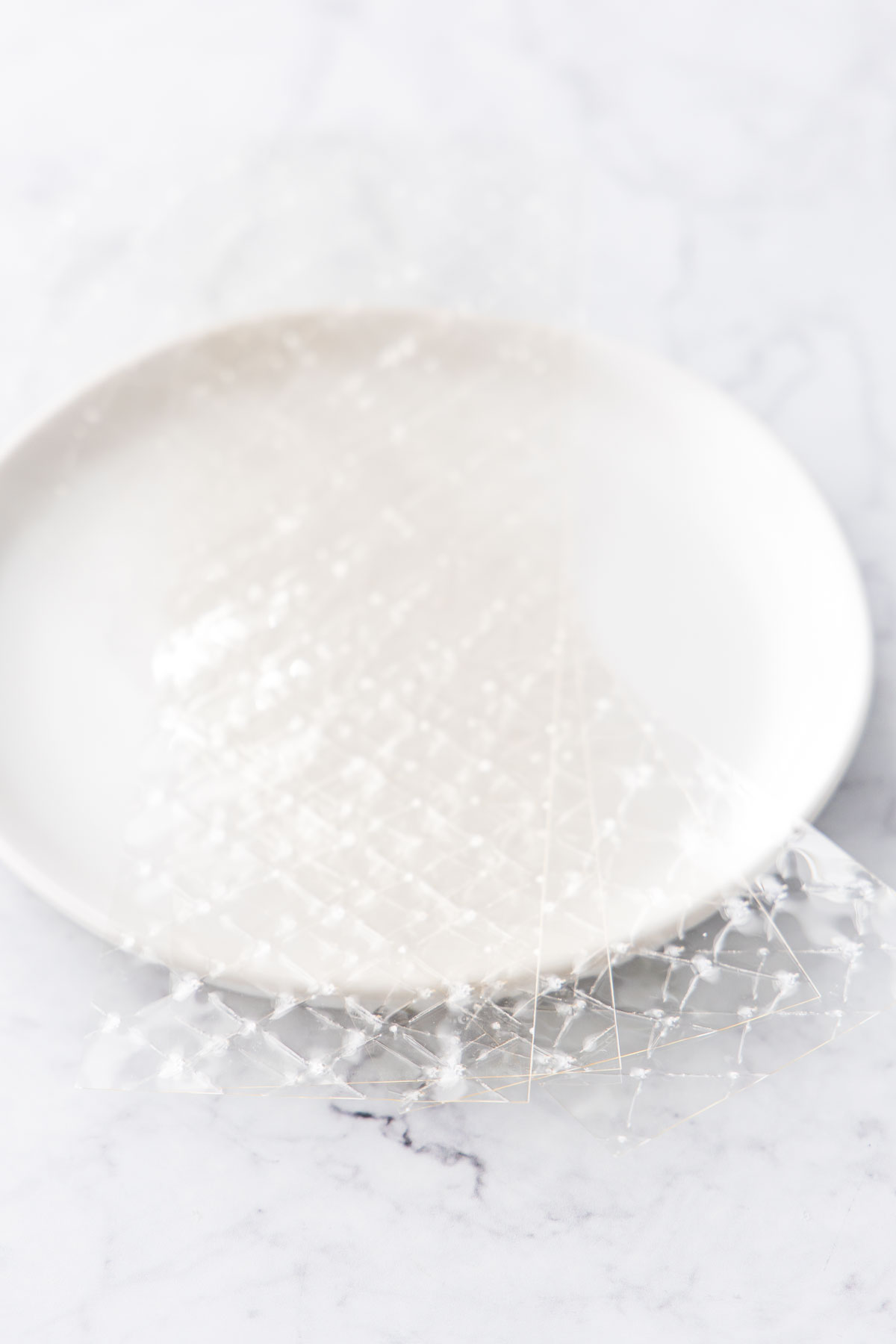A few sheets of clear leaf gelatin on a white plate.