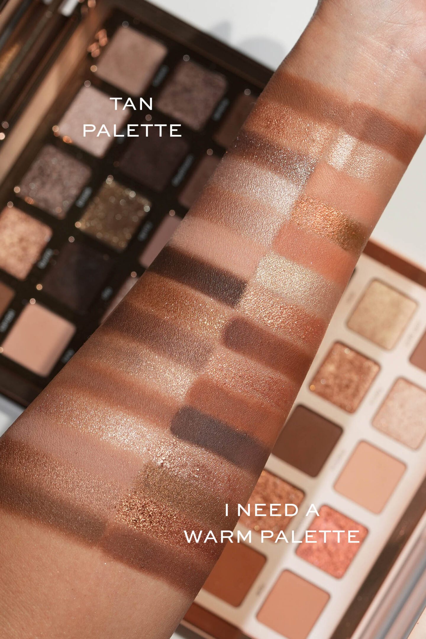 Natasha Denona Tan Eyeshadow Palette vs I Need a Warm swatches