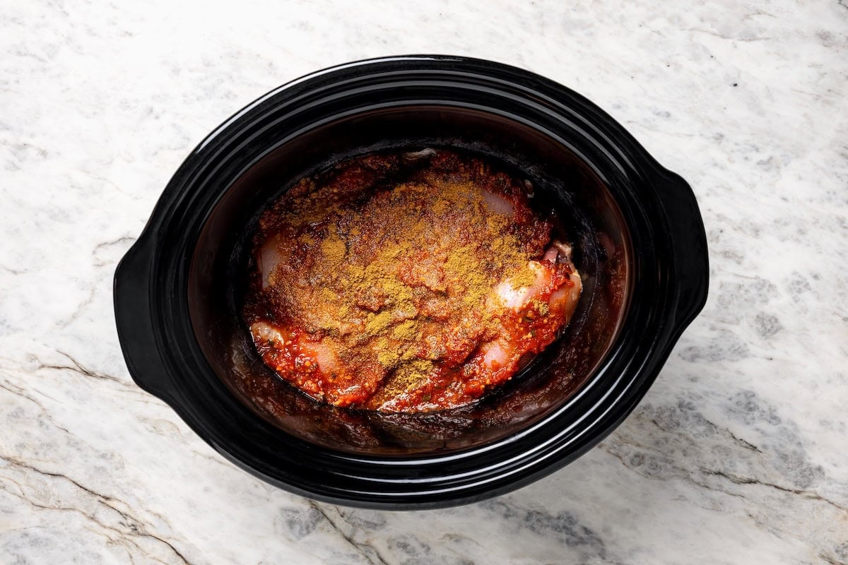 Seasonings added to chicken and salsa inside the crockpot.