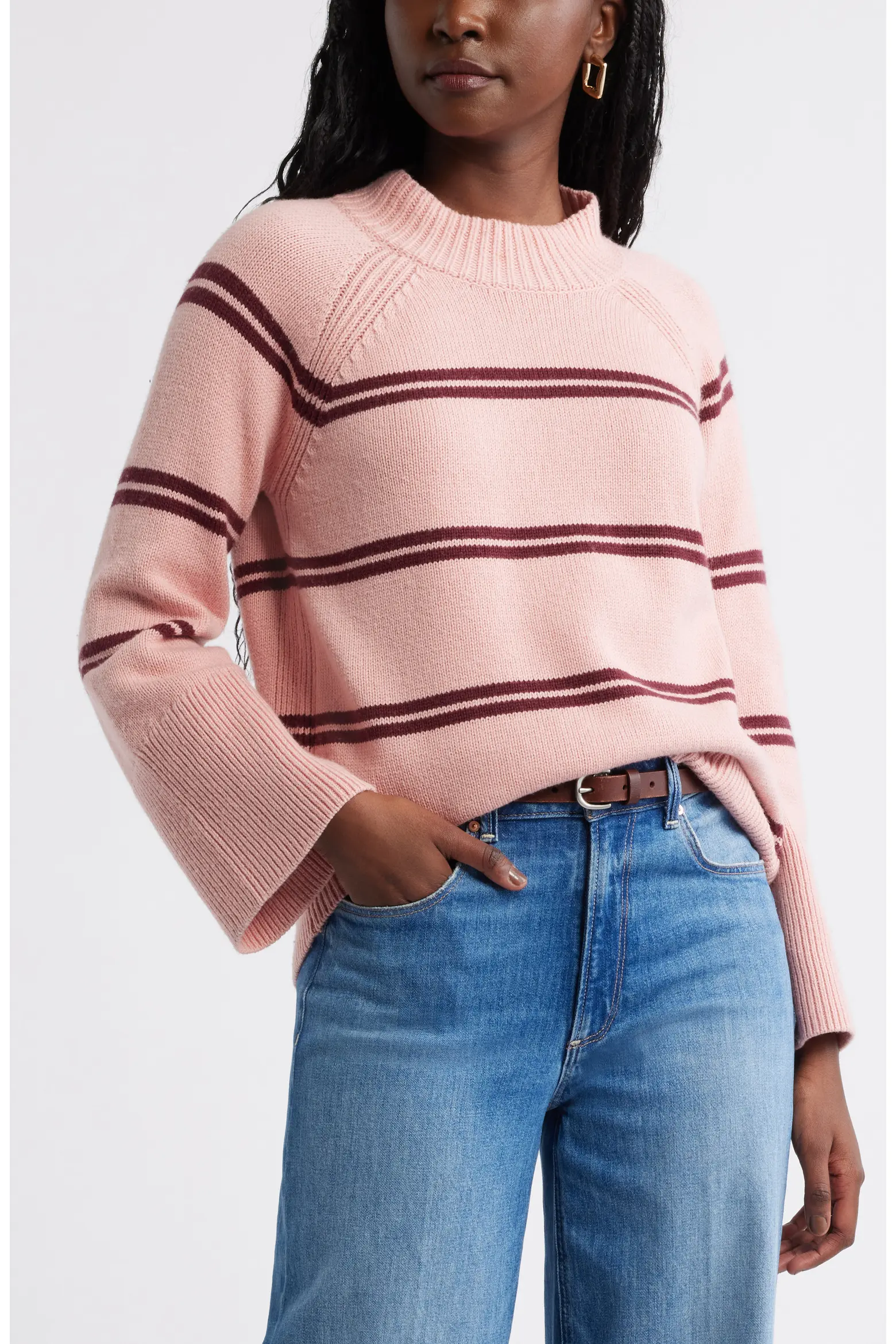 Caslon&reg;, Bell Sleeve Mock Neck Merino Wool &amp; Cotton Sweater