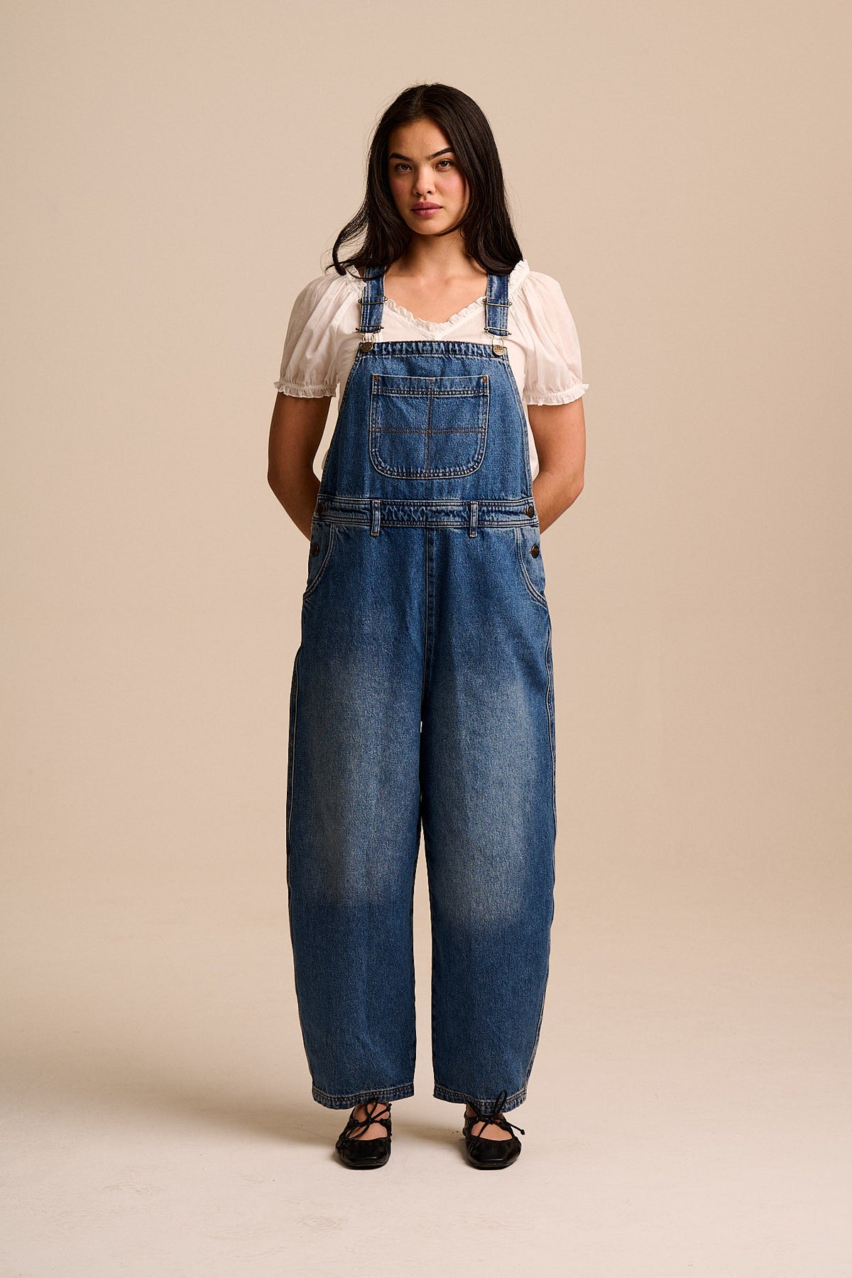 Toluca - Barrel Leg Dungarees Organic Cotton Denim in Vintage Wash - Vintage Wash Blue Denim / Uk 4 / Regular