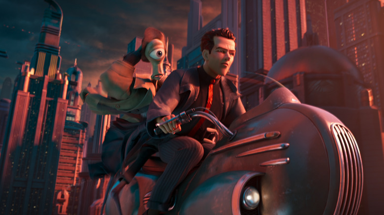 Sam Rockwell as the voice of Raymond Gunn piloting a hoverbike in front of Tom Waits as Eyera in Ray Gunn