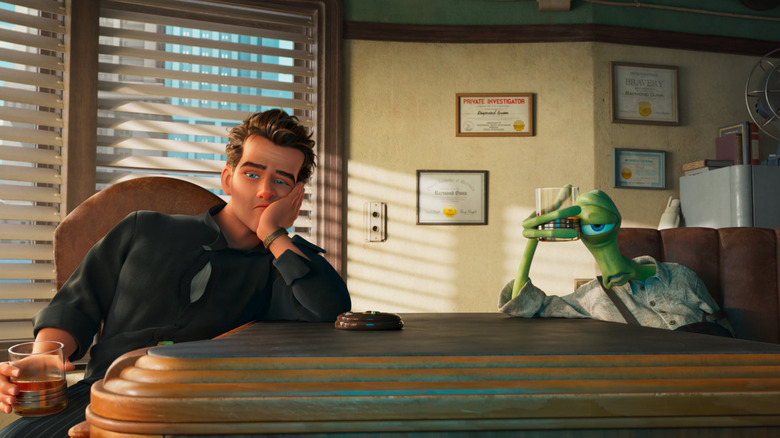 Sam Rockwell as the voice of Raymond Gunn seated in his office with a glum expression on his face next to Tom Waits as Eyera in Ray Gunn